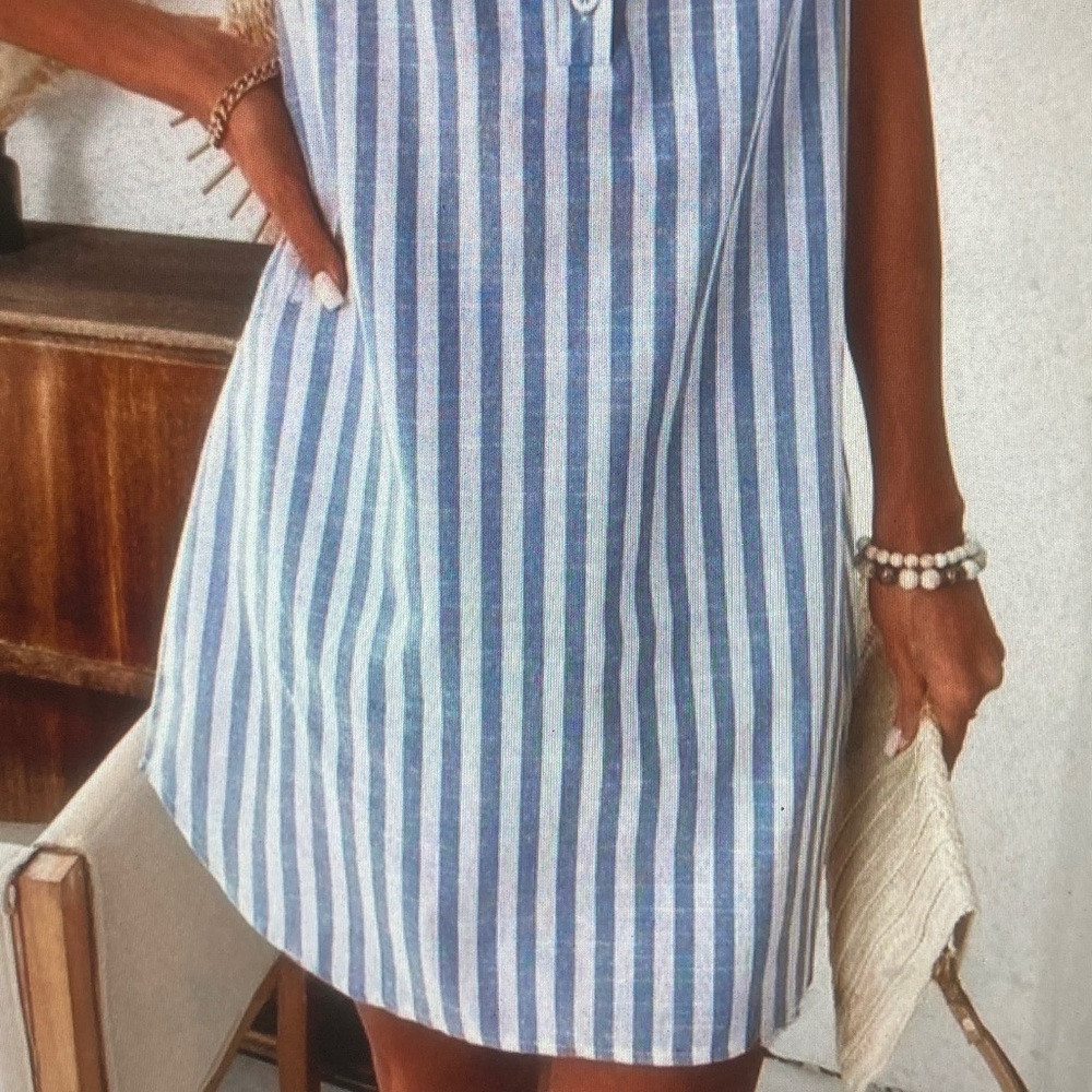 Sleeveless Blue and White Striped Button Henley Dress - Picture 3 of 5